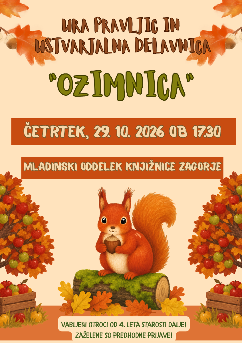 Ozimnica, ura pravljic in ustvarjalna delavnica, četrtek, 29. 10. 2026, ob 1730