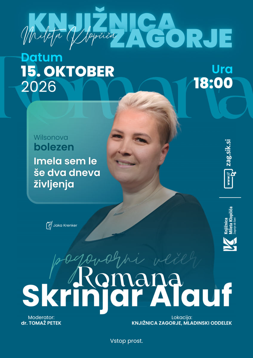 Pogovorni večer z Romano Skrinjar Alauf, četrtek, 15. 10. 2026, ob 18:00